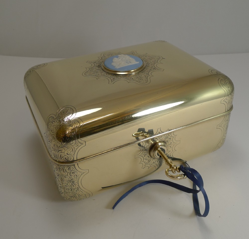 magnificent polished brass jewellery box with wedgwood plaque c1860