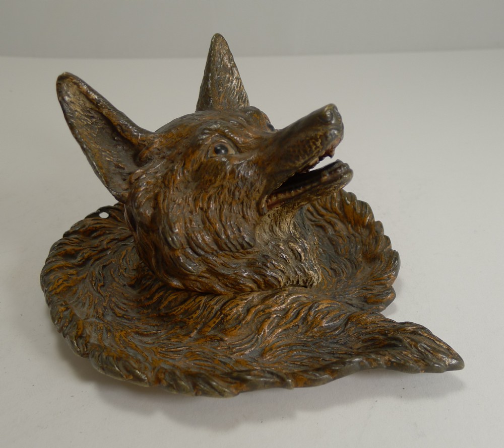 magnificent antique cold painted vienna bronze inkwell fox c1900