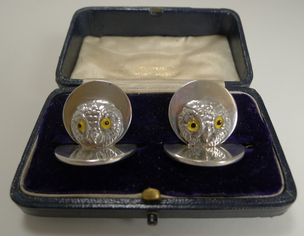 pair antique english sampson mordan sterling silver menu holders owls
