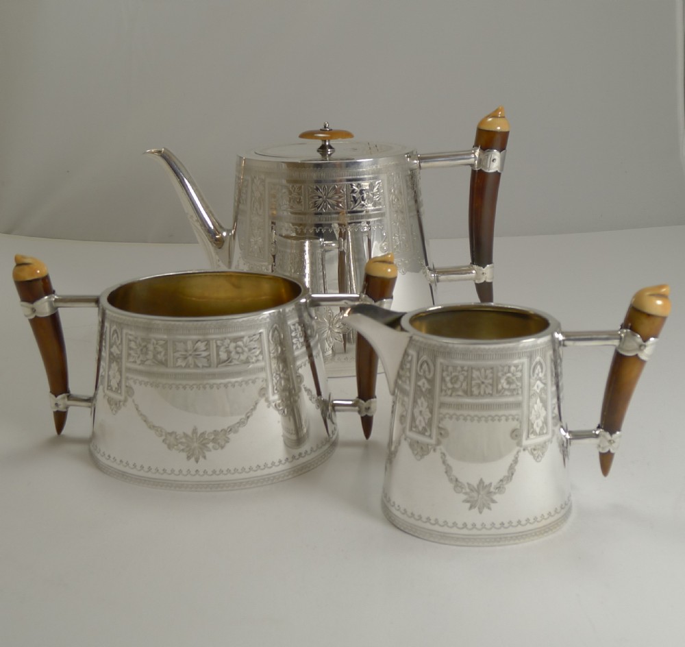 unusual english silver plate and polished horn tea set c1890
