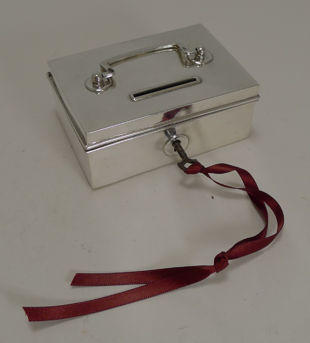 rare novelty english sterling silver money box bank miniature cash box