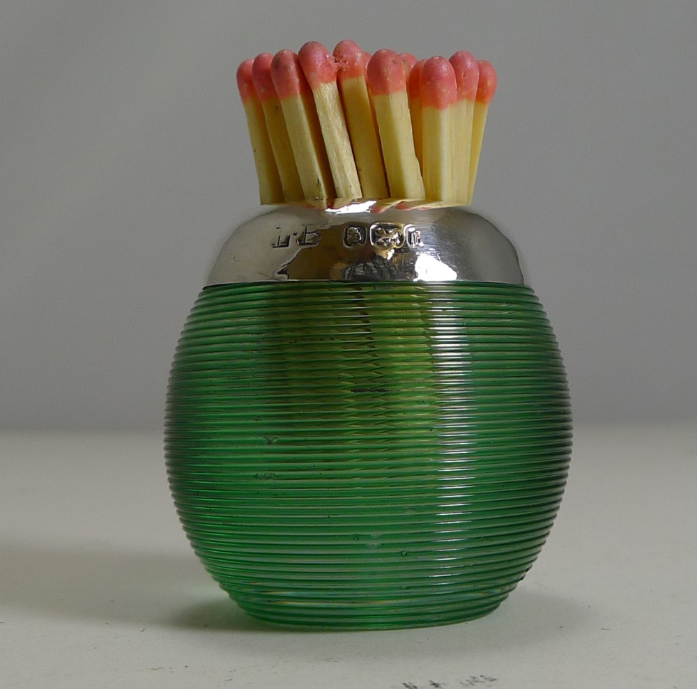 rare small green coloured threaded glass match striker sterling silver mount 1901