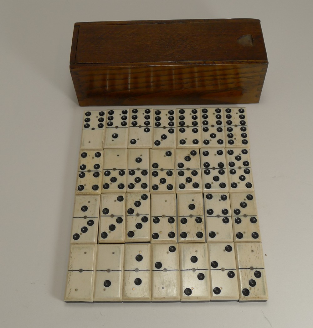 antique english boxed set bone ebony wood dominoes c1900