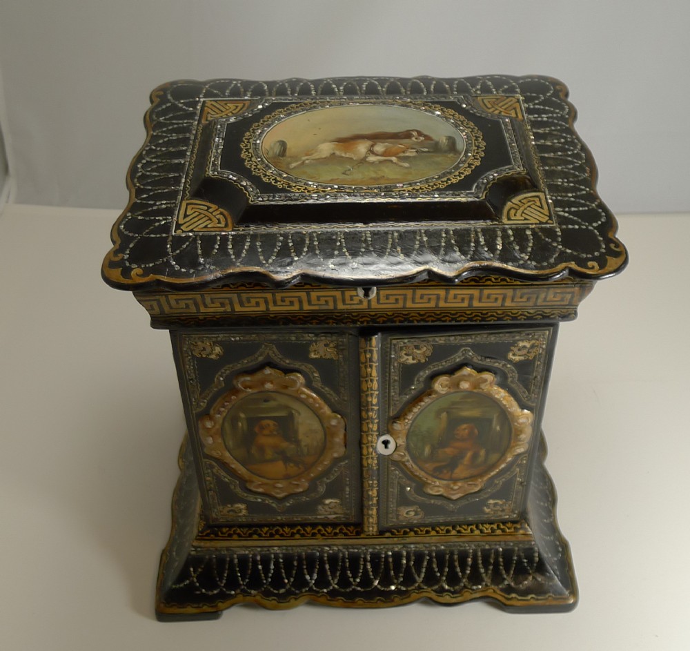 magnificent english papier mache jewellery cabinet box c1860 dogs