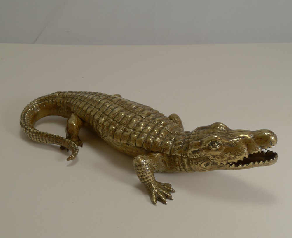 antique english crocodile alligator inkwell desk tidy c1880