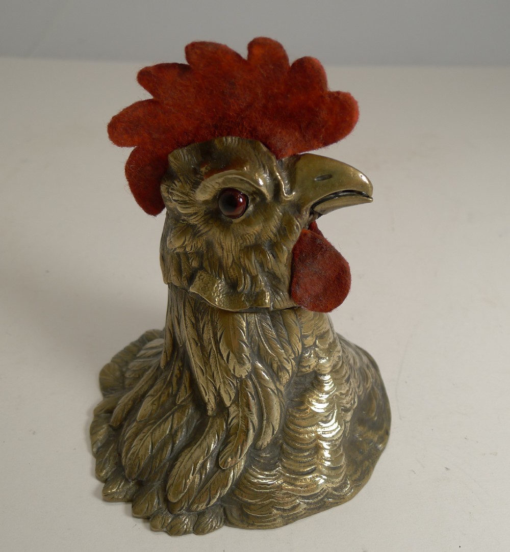 antique english cockerel rooster combined inkwell letter clip and nib wipe c1880