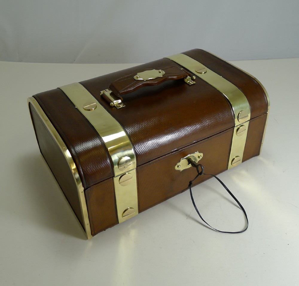 fine large antique french leather and brass jewellery box c1890