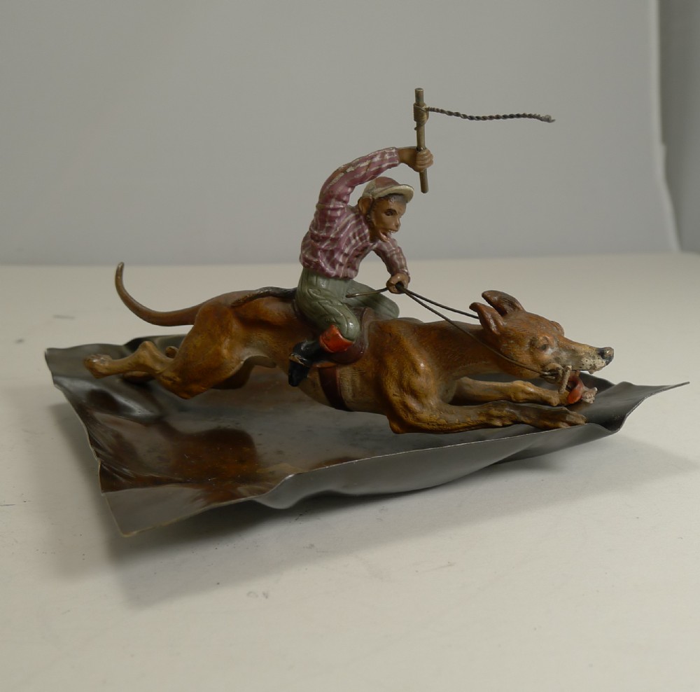 magnificent antique cold painted vienna bronze dish monkey racing a greyhound c1900