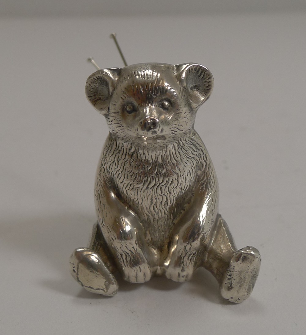 antique english novelty pin cushion in sterling silver teddy bear 1909