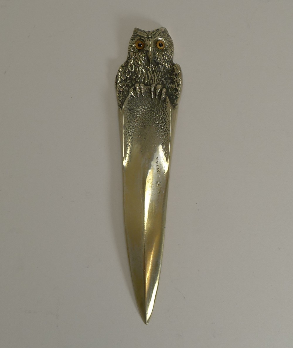 superb antique brass figural letter opener paper knife owl c1900