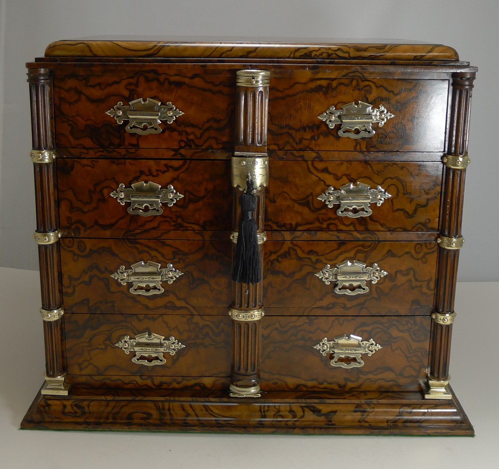 antique english burr walnut and brass cigar cabinet humidor c1880