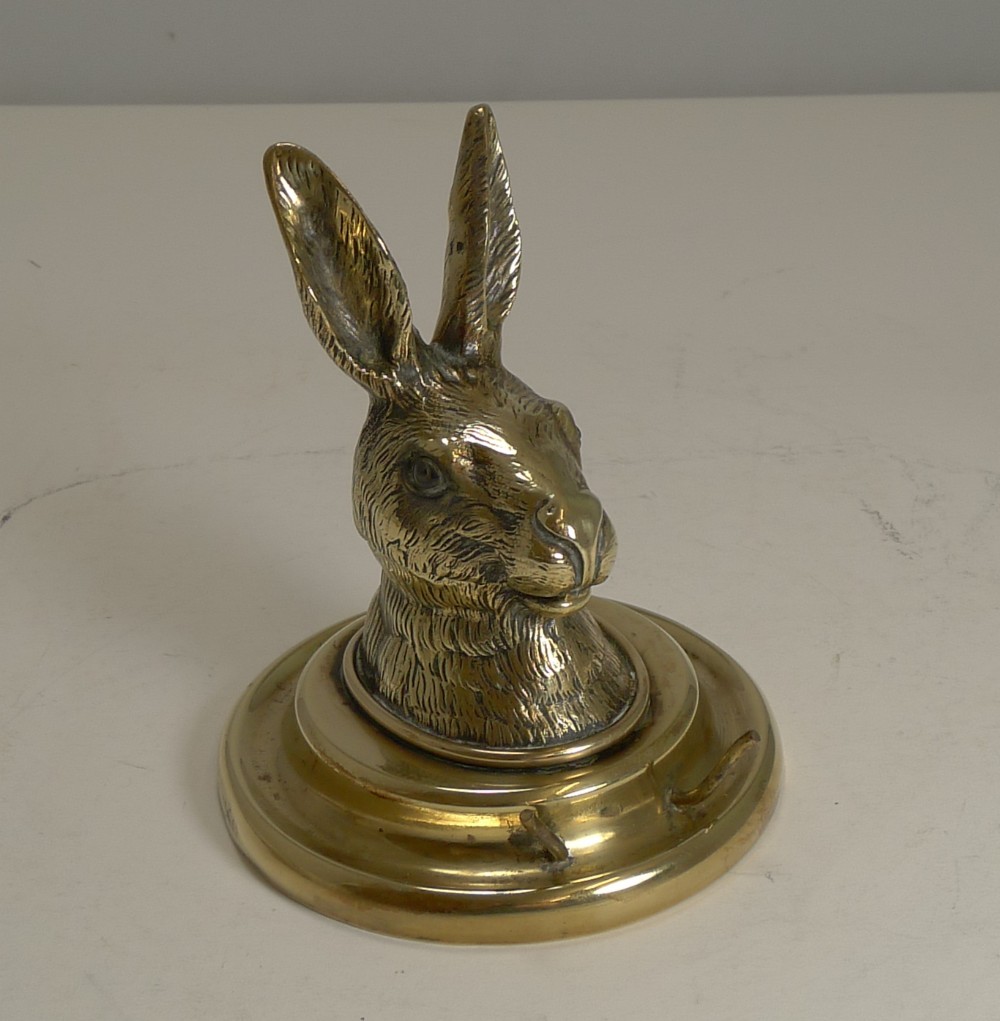 antique english novelty figural brass inkwell hare c1880