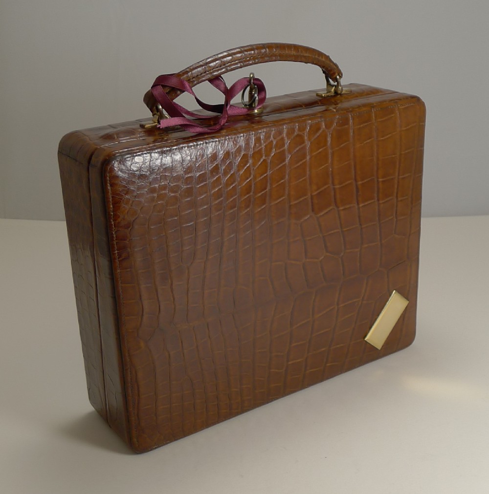 antique english crocodile alligator jewellery box suitcase c1910