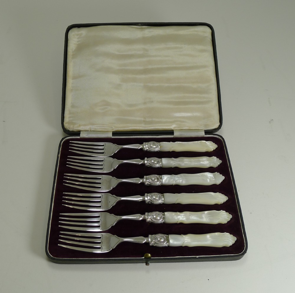 set six english sterling silver mother of pearl cake or desert forks 1927