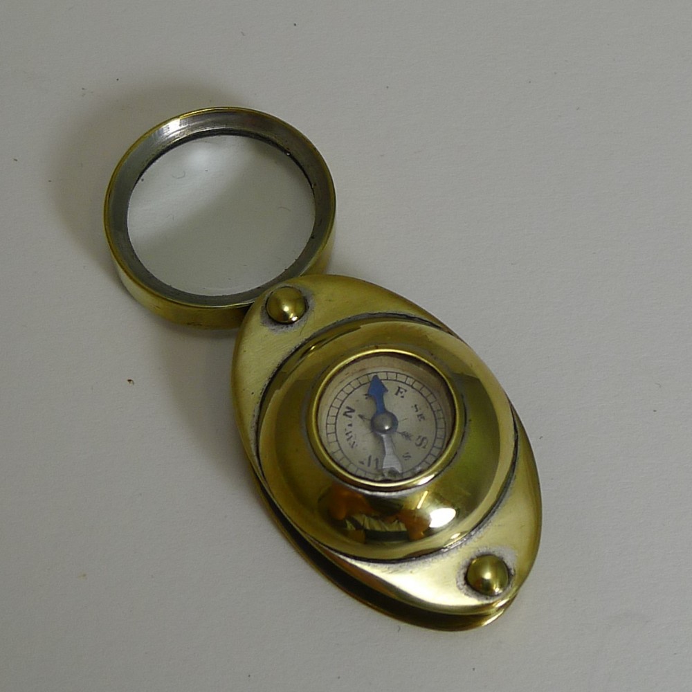 antique c1910 english pocket magnifying glass loop with compass