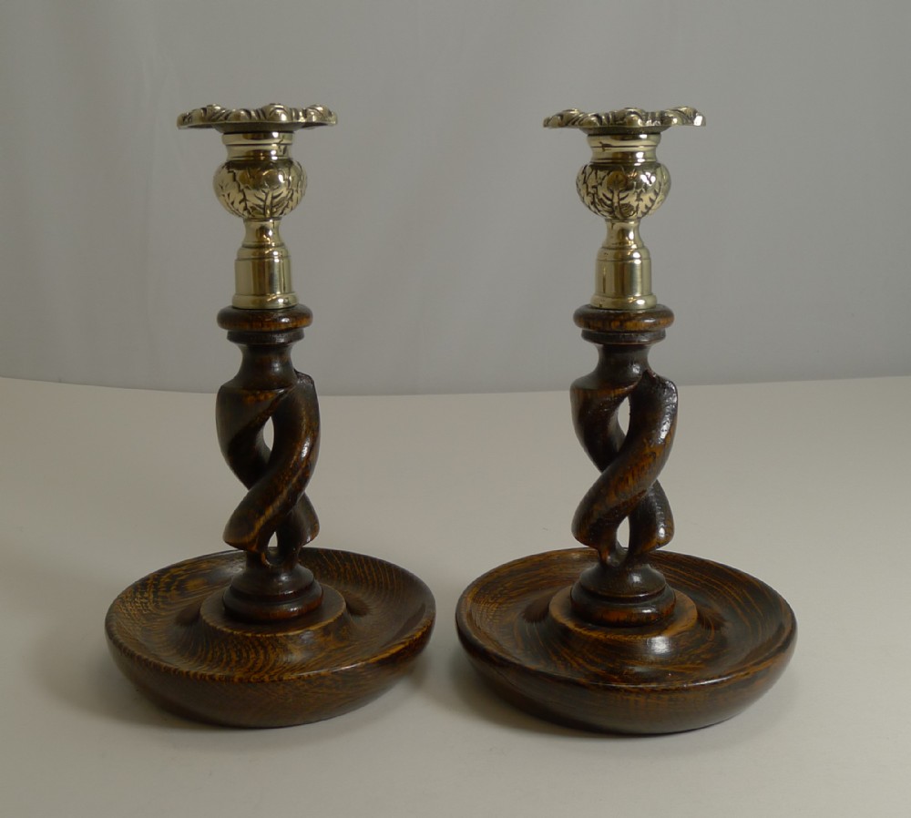 pair 8 antique english oak open barley twist candlesticks brass thistle tops