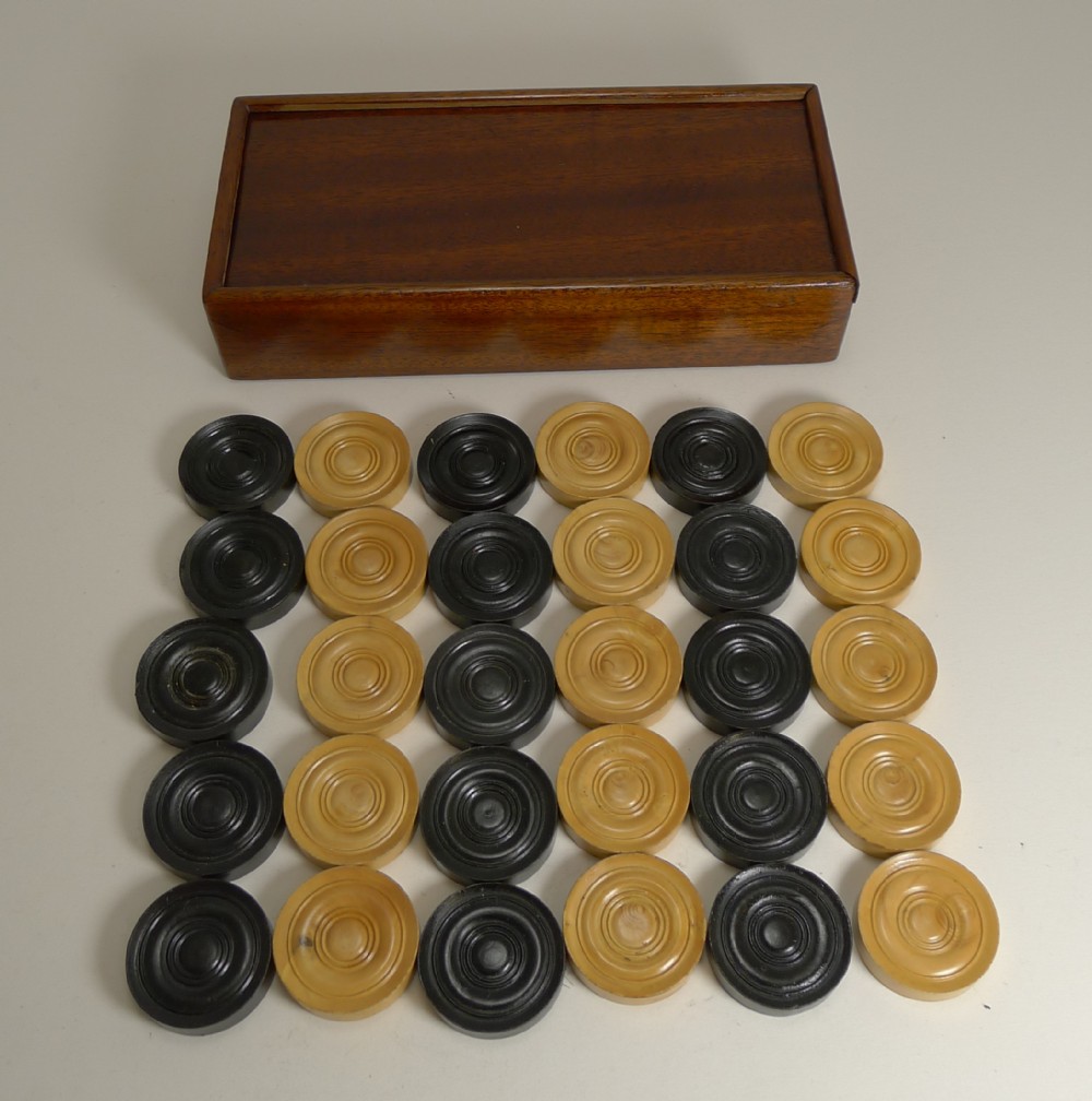 antique english boxed set ebony boxwood draughts checkers backgammon counters c 1900