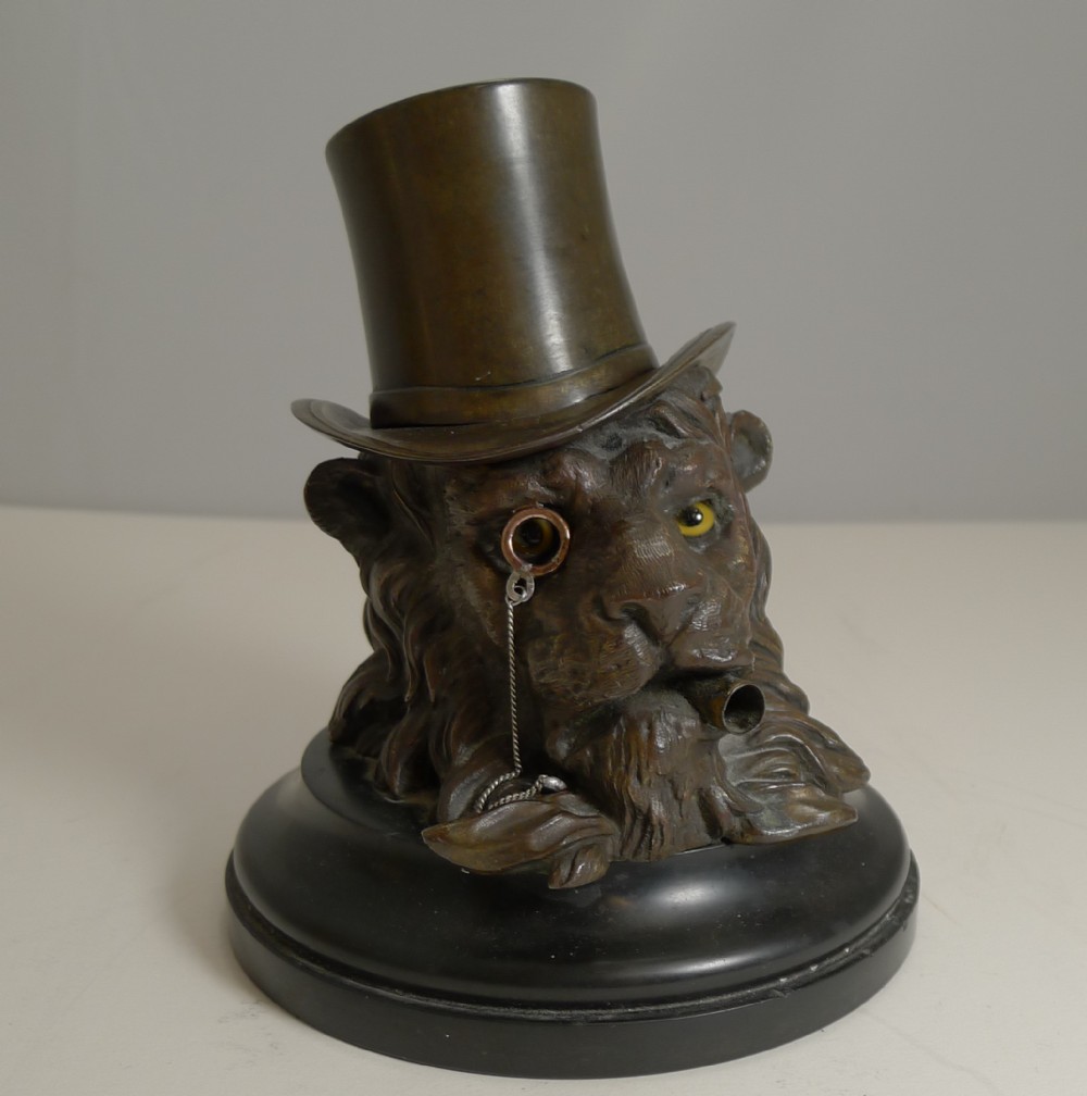a very fine antique bronze english lion inkwell c1860