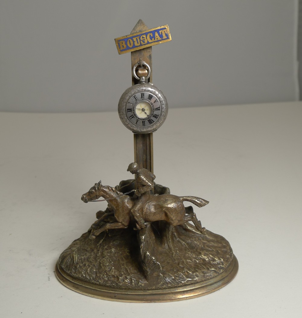 antique french bronze pocket watch stand match strike equestrian horse racing c1900