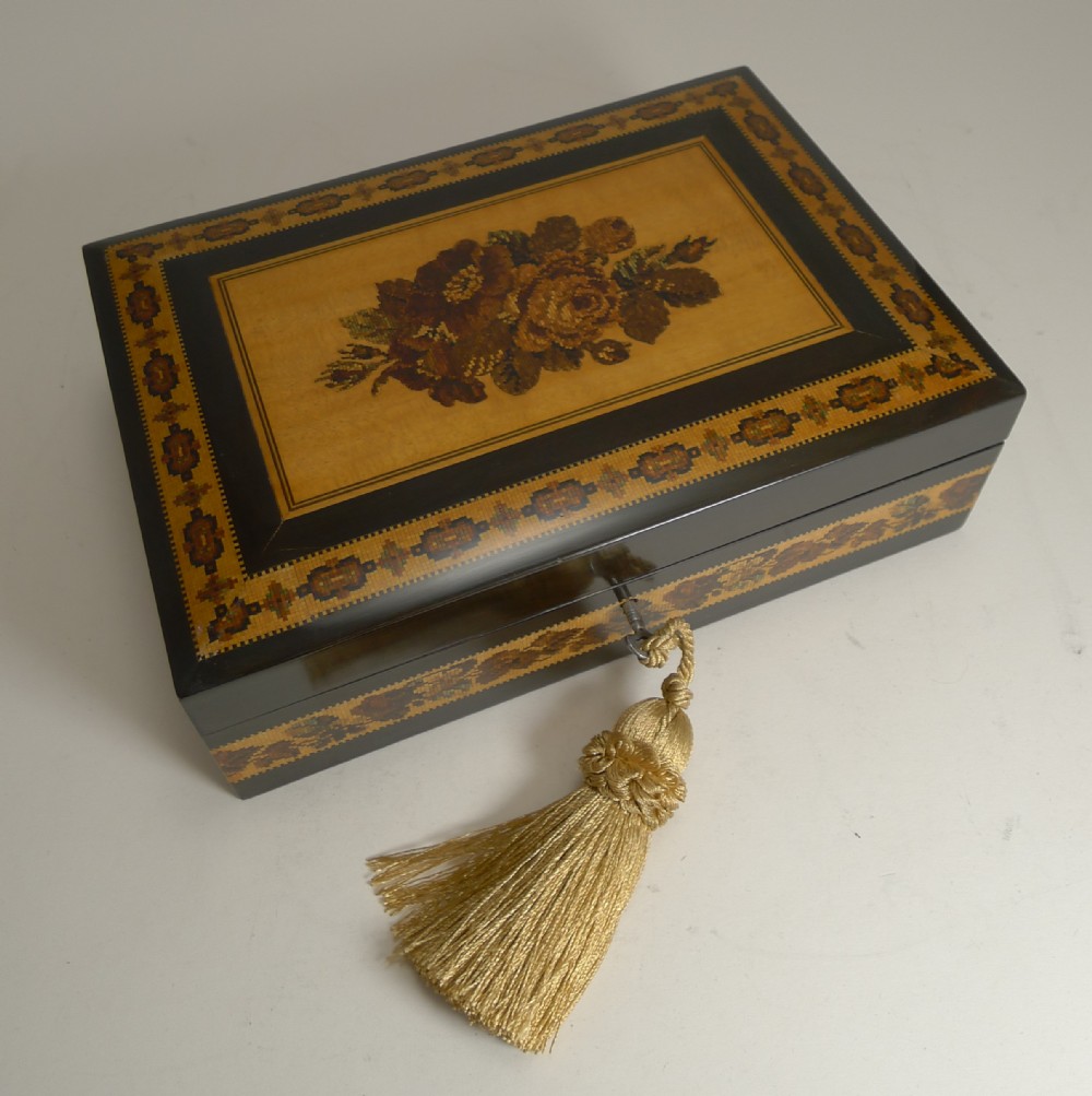 antique tunbridge ware jewellery box by t barton late nye circa 1850