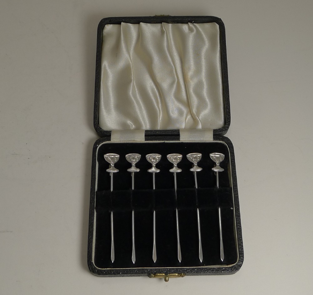 rare set six vintage english sterling silver champagne glass cocktail sticks