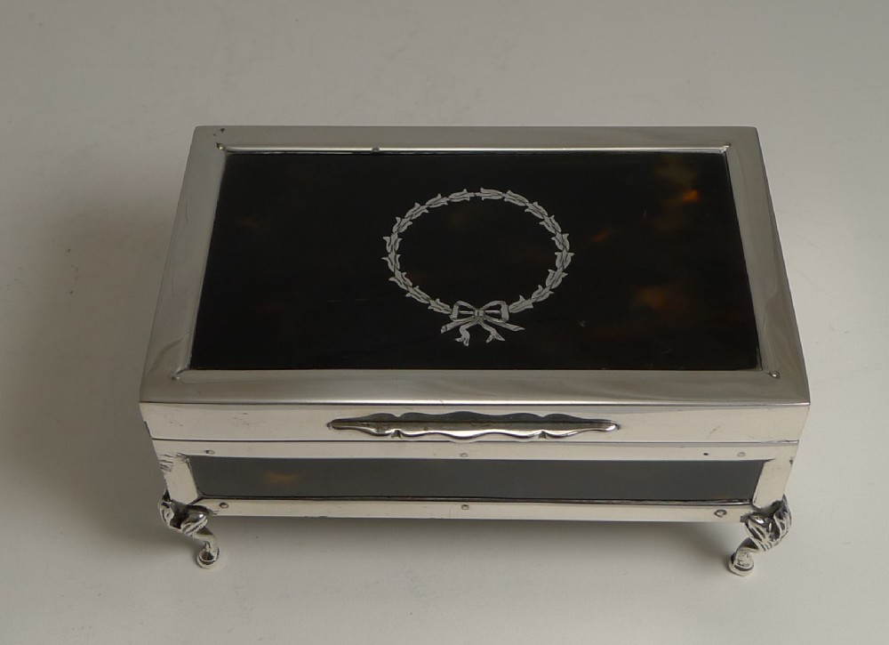 antique english sterling silver and tortoiseshell jewellery box 1919