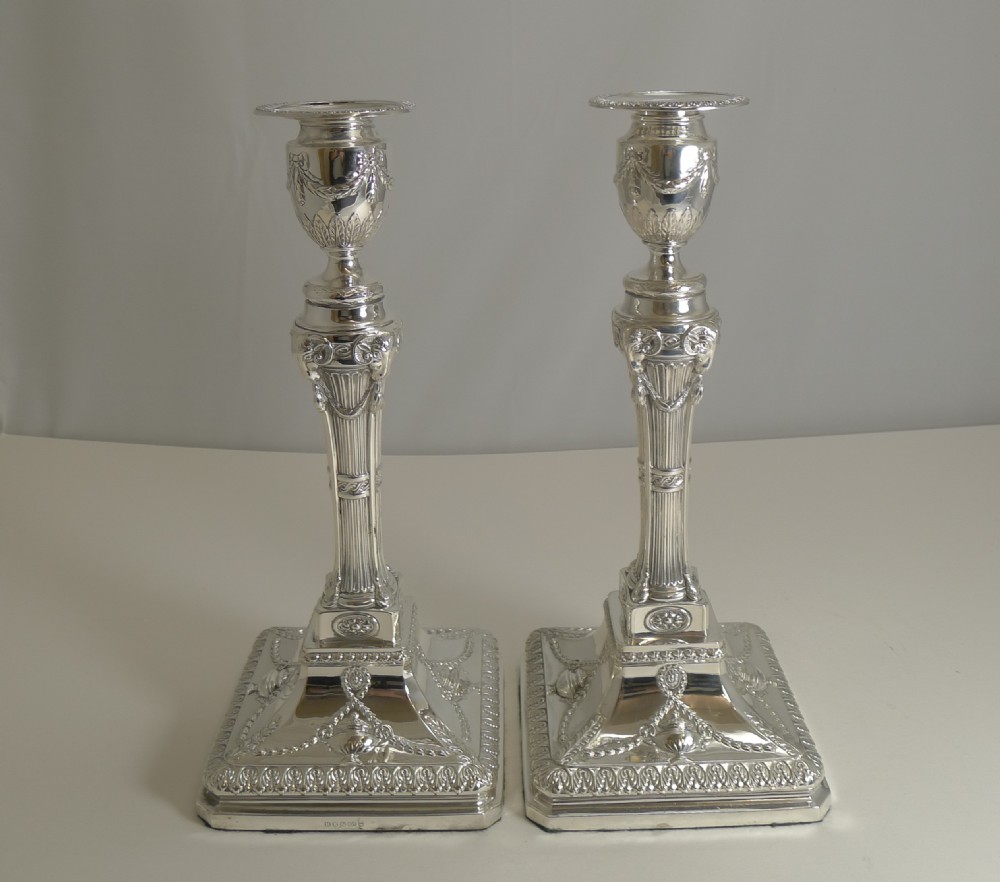 grand pair english silver plated adams style candlesticks ram's heads c1880