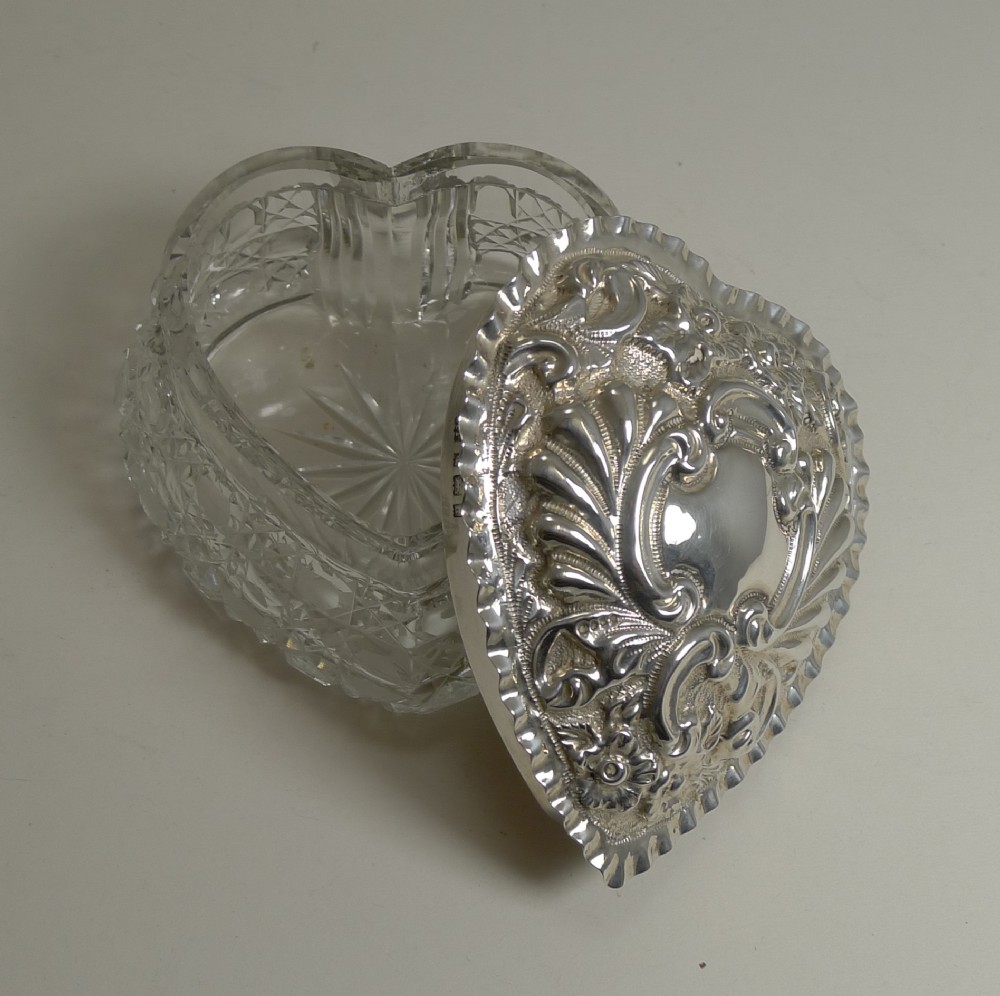 large antique cut crystal and sterling silver heart shaped box 1903