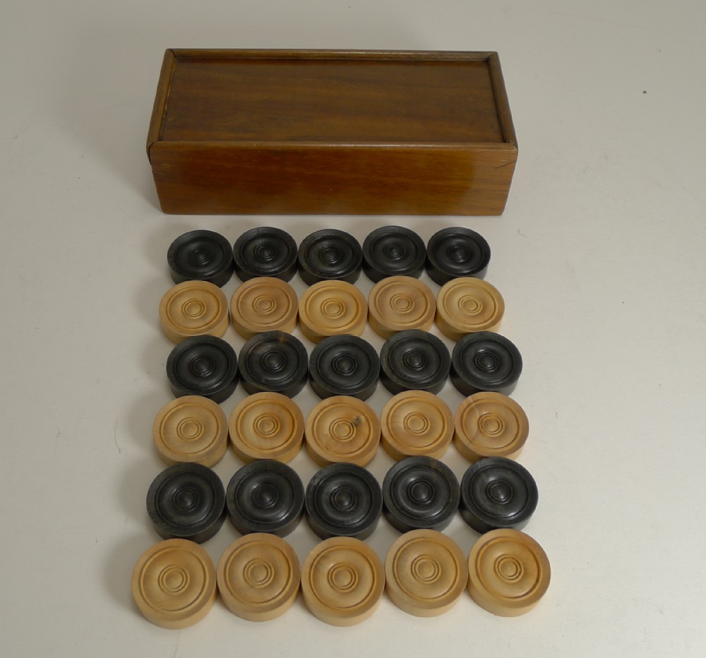 antique english boxed set ebony boxwood draughts checkers backgammon counters c 1900