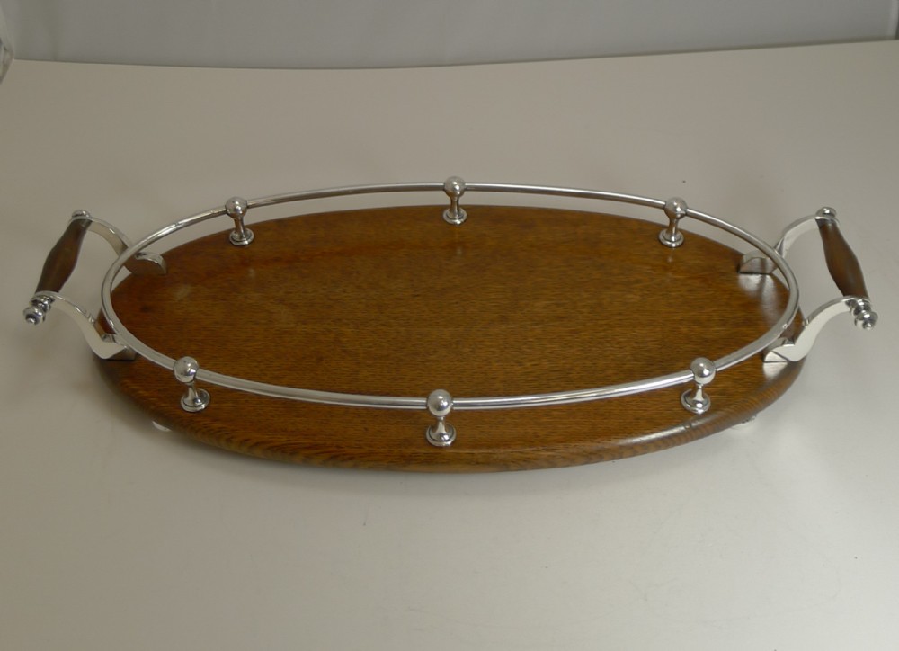 antique english oak and silver plate drinks cocktail tray c1900