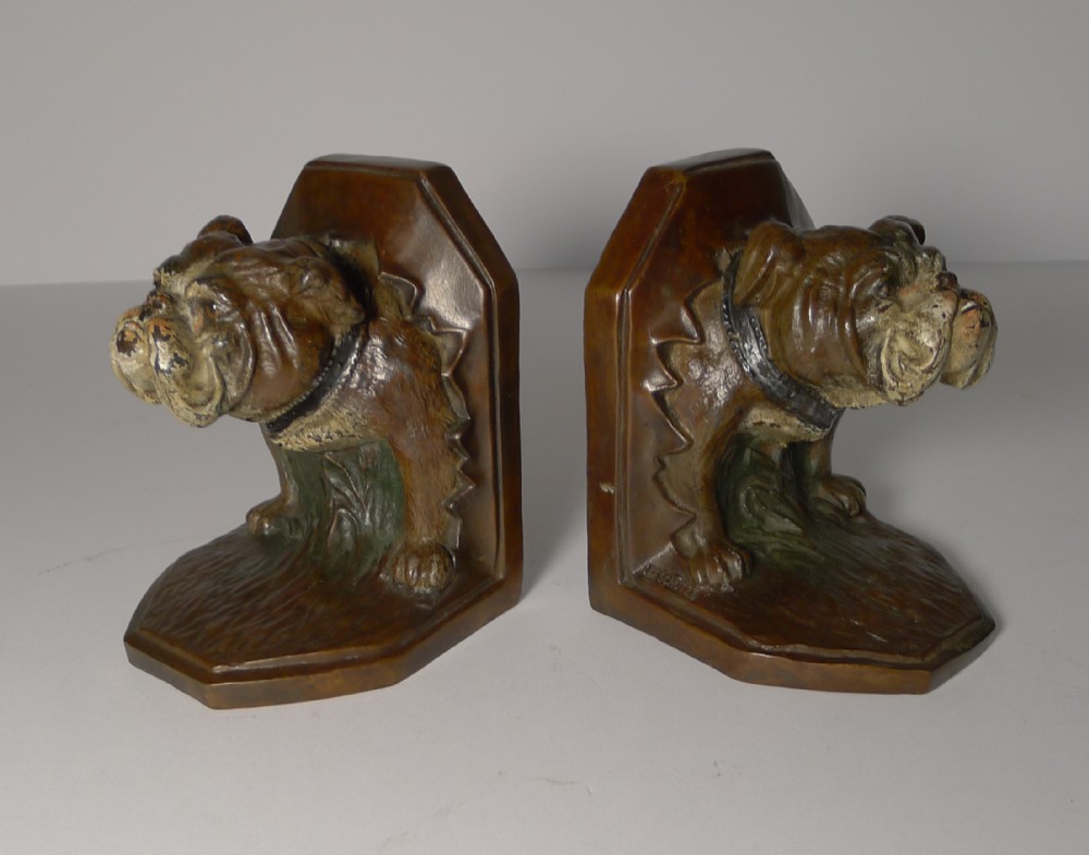 pair antique cold painted bronze bookends bulldog