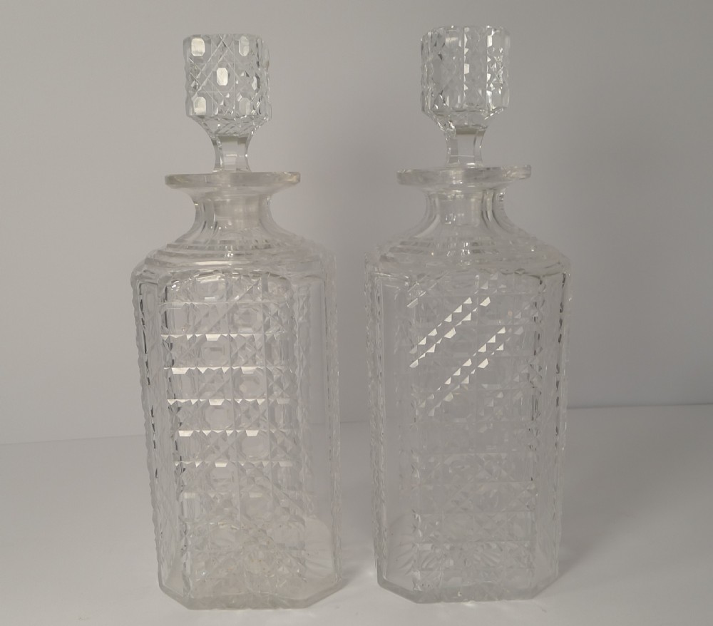 pair english art deco cut crystal decanters