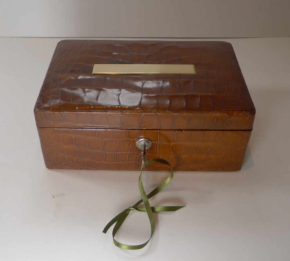 smart antique english crocodile alligator skin jewellery box c1890