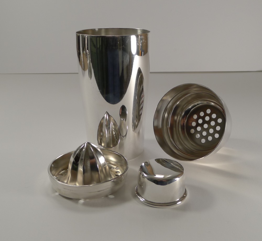 silver plated cocktail shaker by christofle paris c1935 with lemon squeezer