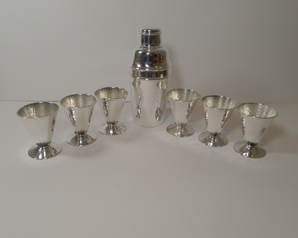 art deco hammered silver plate cocktail shaker set c1930