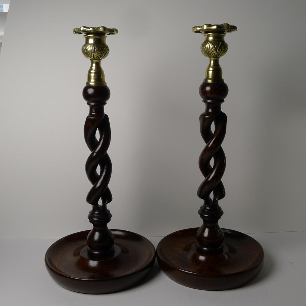 Pair 12 Antique English Oak Barley Twist Candlesticks - Brass Thistle Tops, 919484