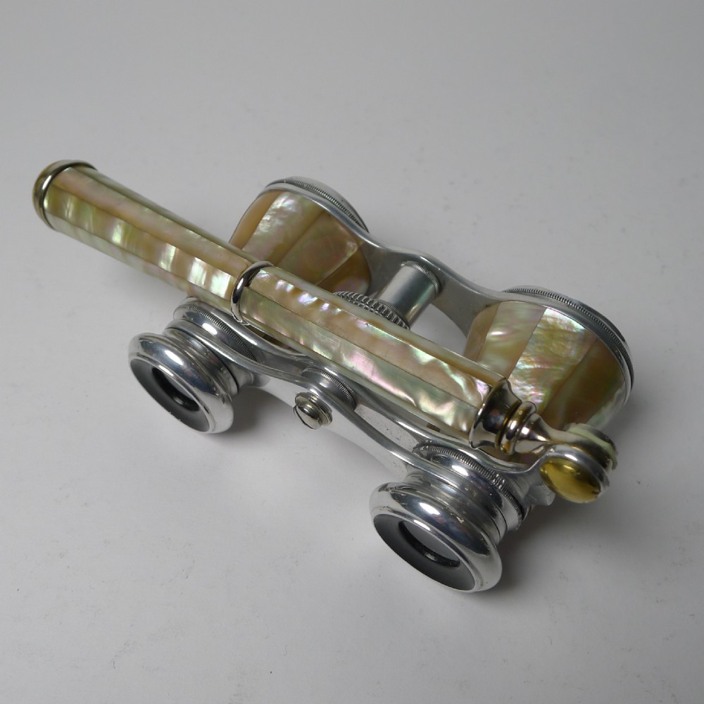 stunning antique french aluminum mother of pearl opera glasses lorgnette handle