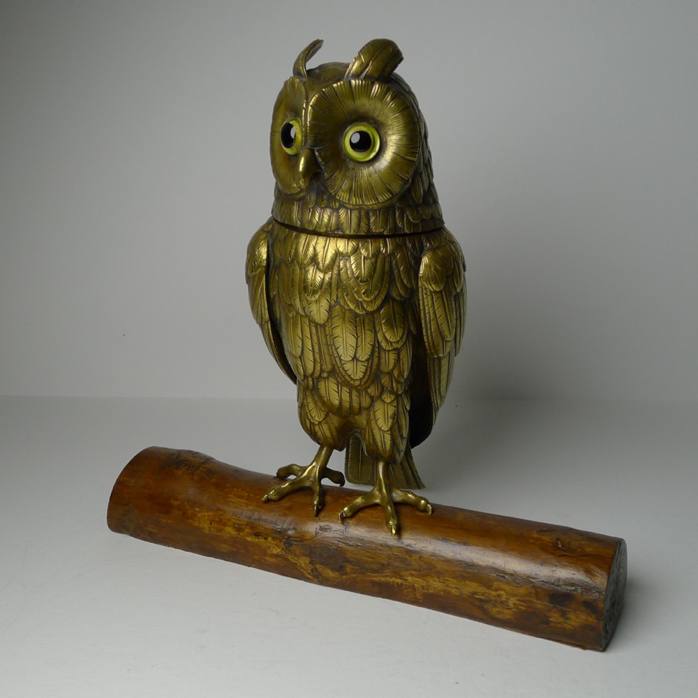 large antique english brass owl inkwell c1890