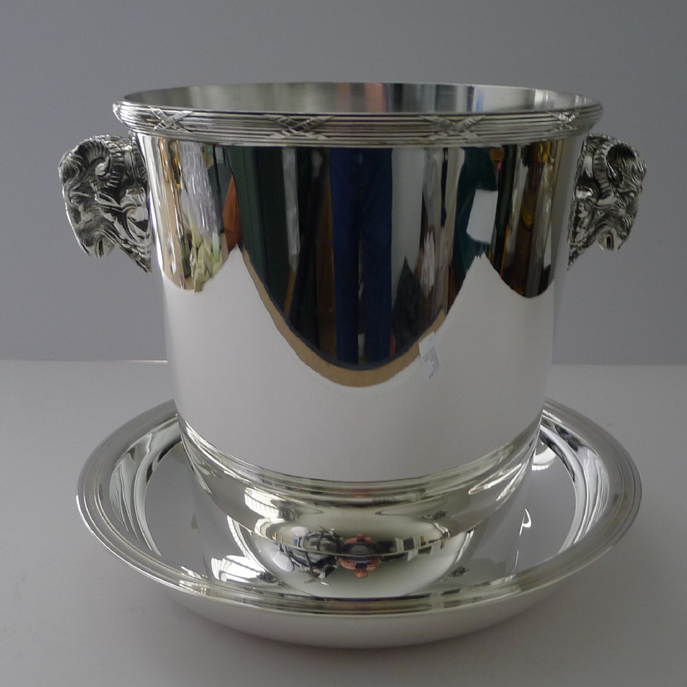 christofle paris ram's head champagne bucket and drip plate