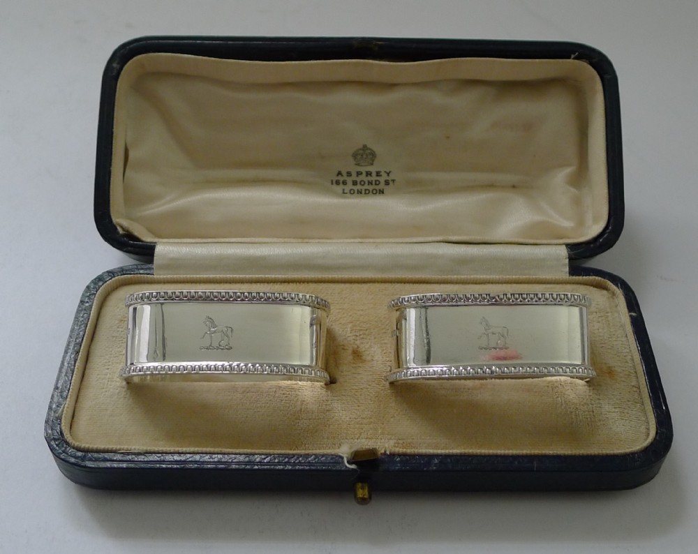 pair cased antique sterling silver napkin rings by asprey co