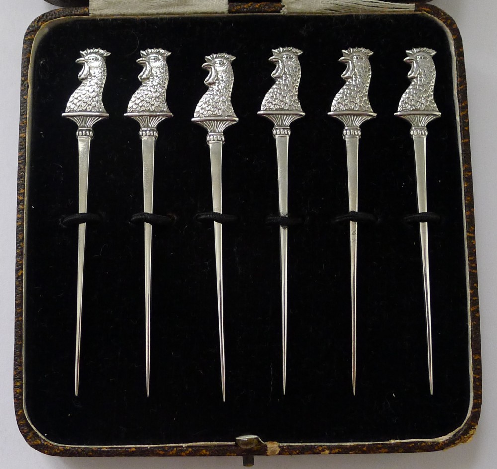 set six english solid sterling silver cocktail sticks 1928