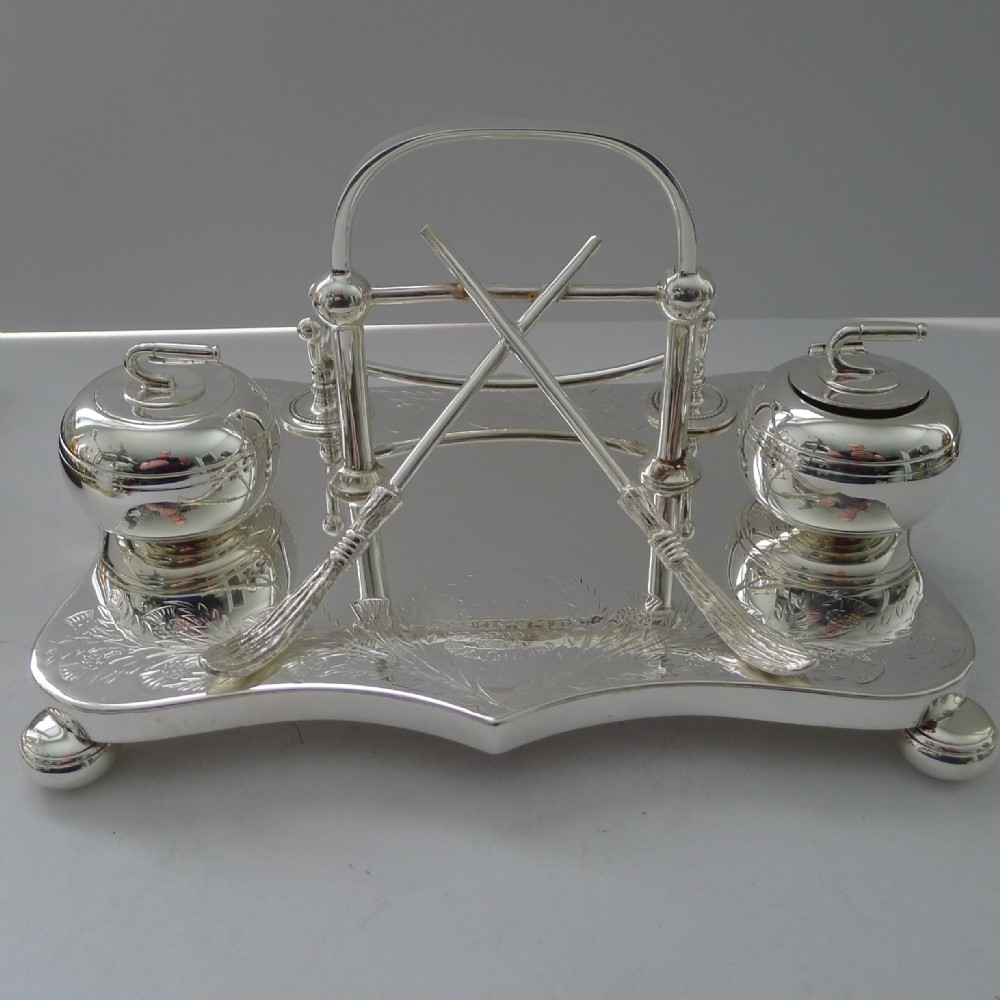 magnificent scottish silver plated curling inkstand c1900