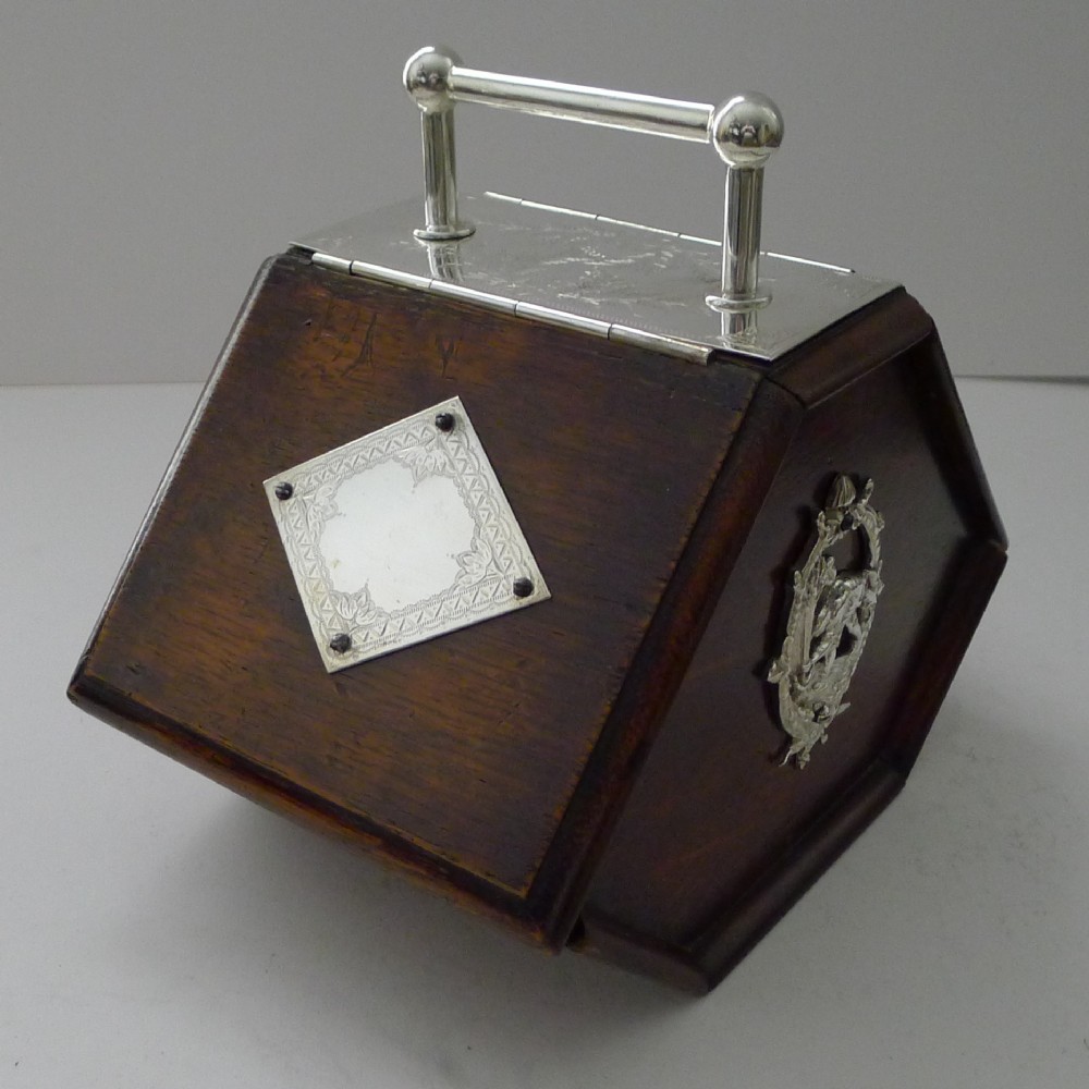 novelty antique english oak and silver plate biscuit box