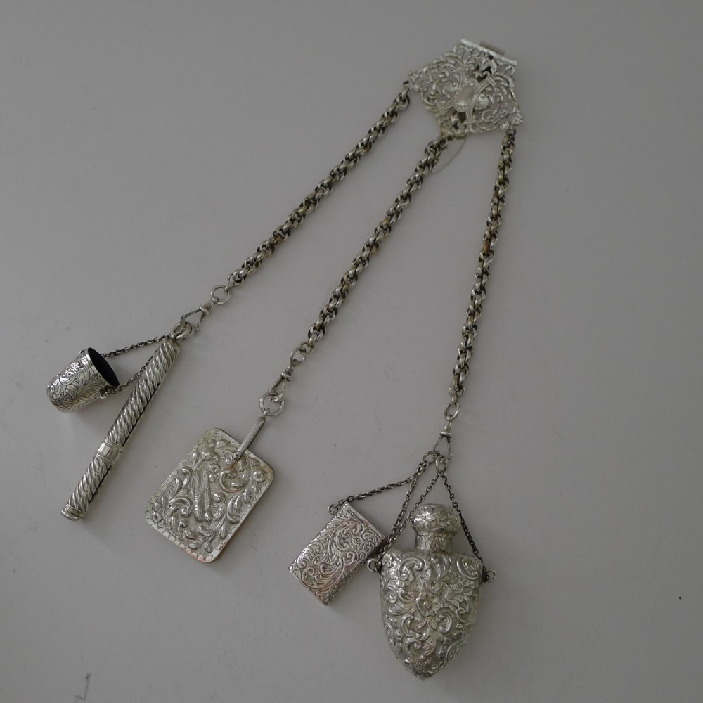 victorian english sterling silver chatelaine by william comyns sons 1890