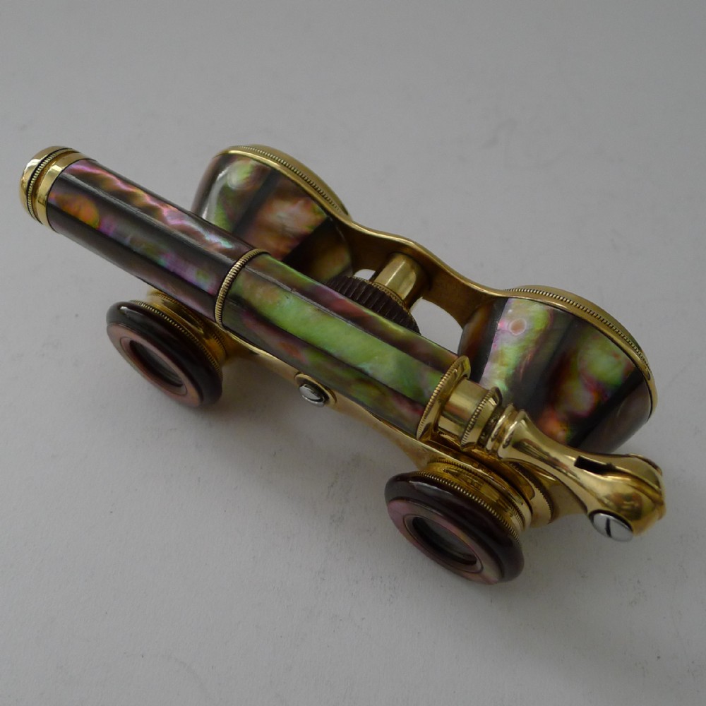 rare french abalone shell opera glasses with lorgnette handle c1900